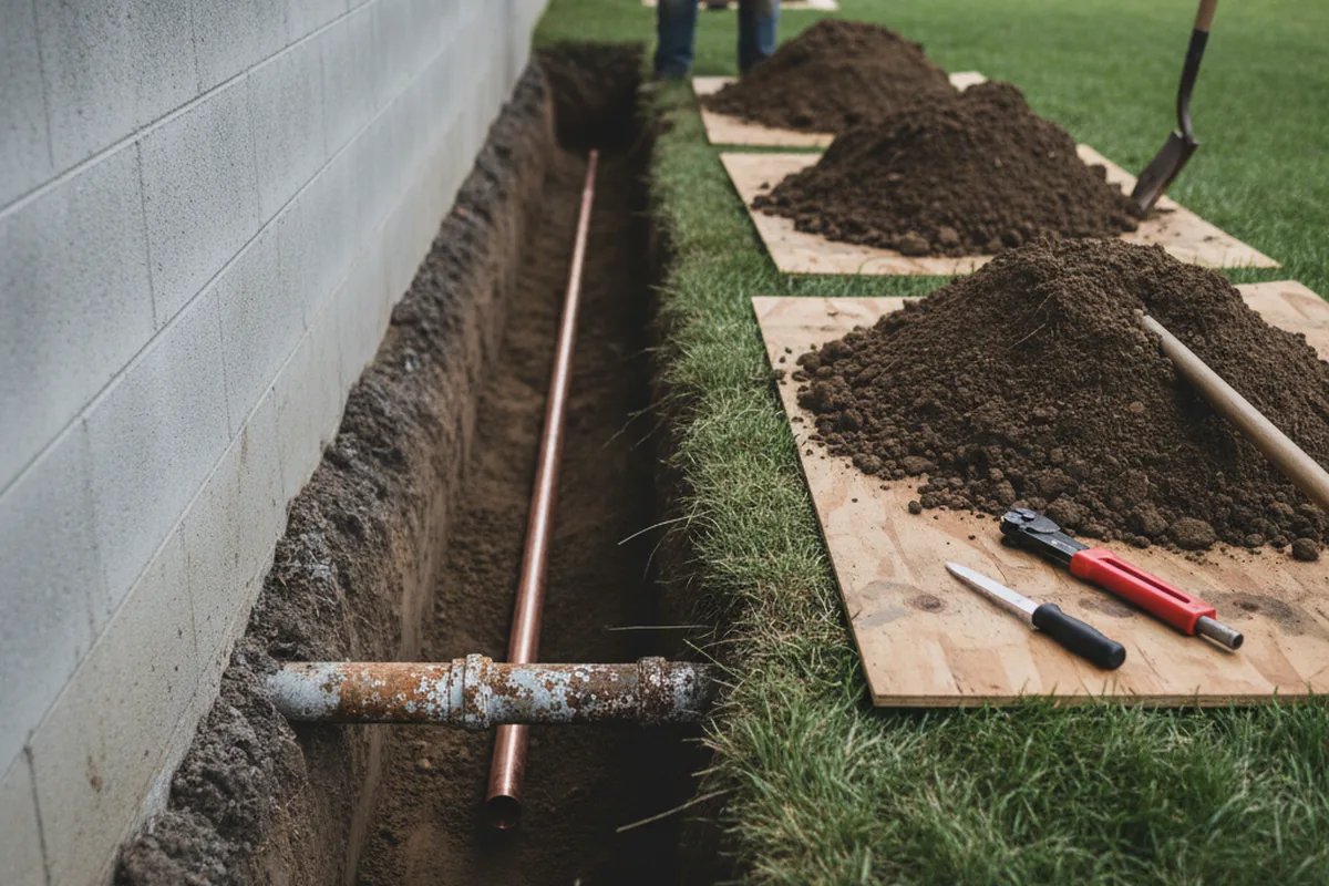 Excavated water line trench during Water Heater Repair in Kennett Square